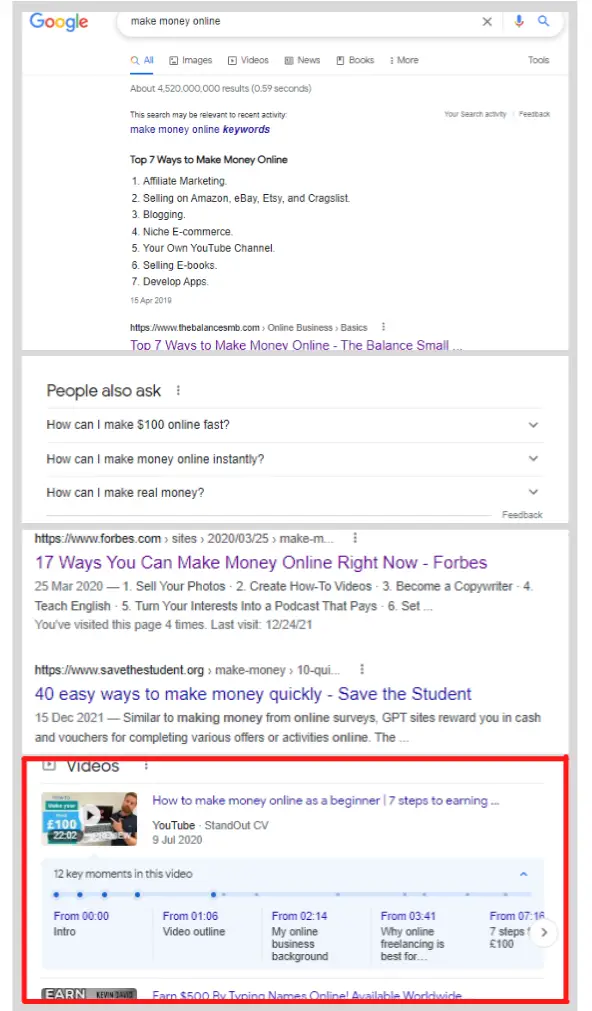 Google video search results