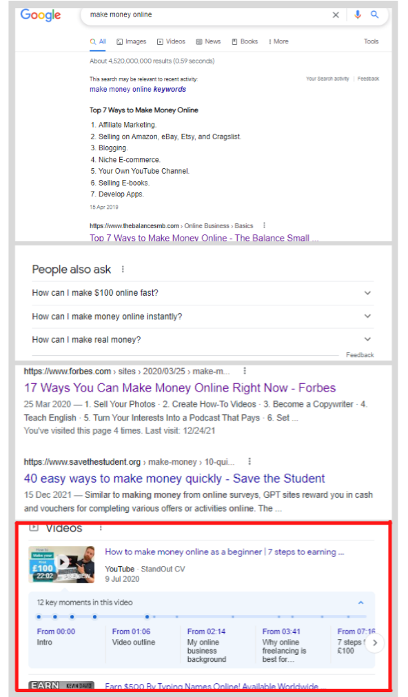 Google video search results