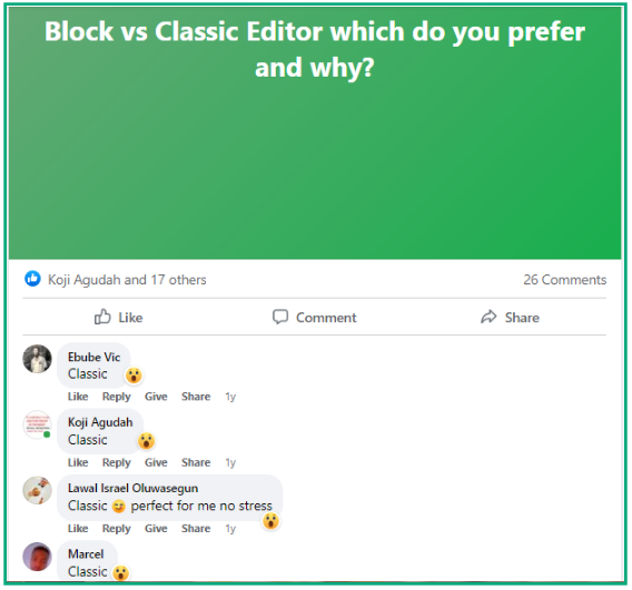 facebook posts- block vs classic editor