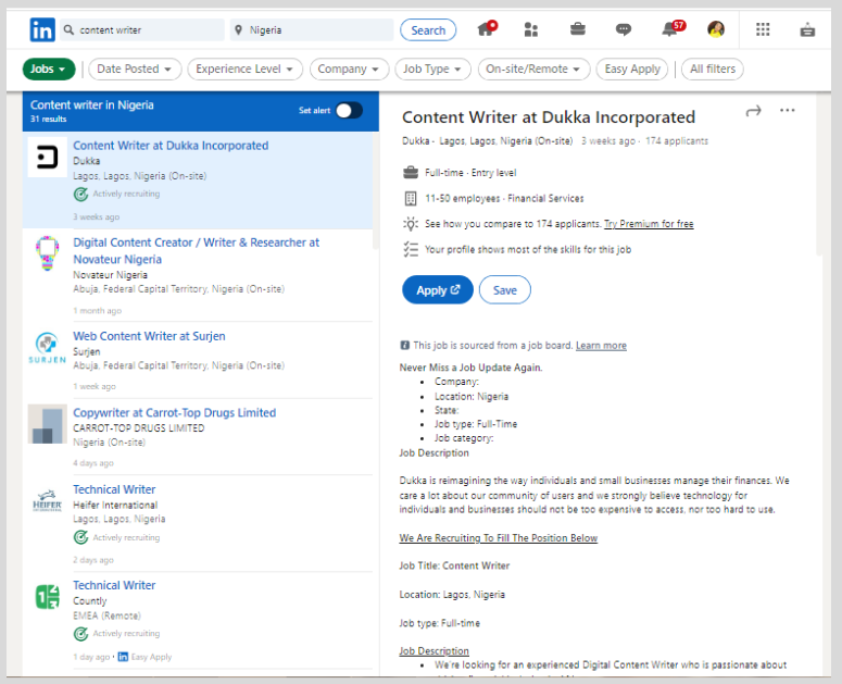 linkedin jobs- content writing open positions for nigerians