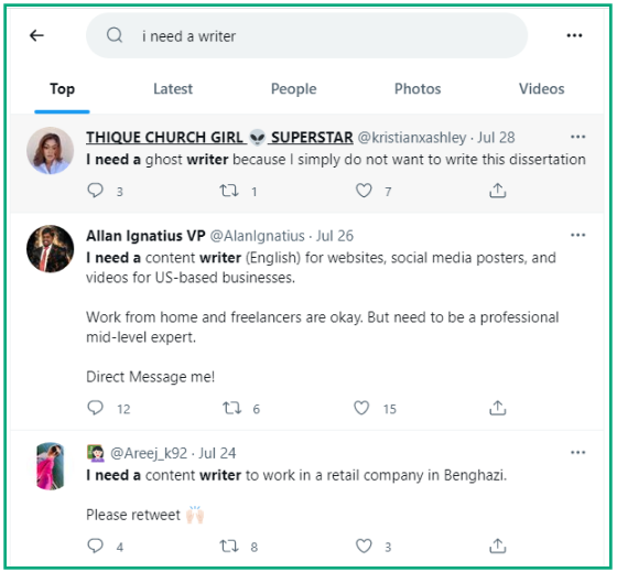 twitter search- i need a writer