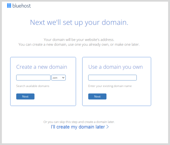 bluehost- choose a domain name page