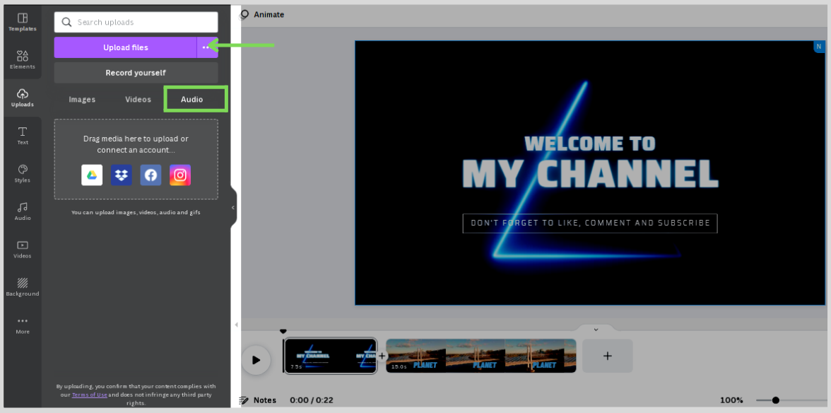upload audios on canva