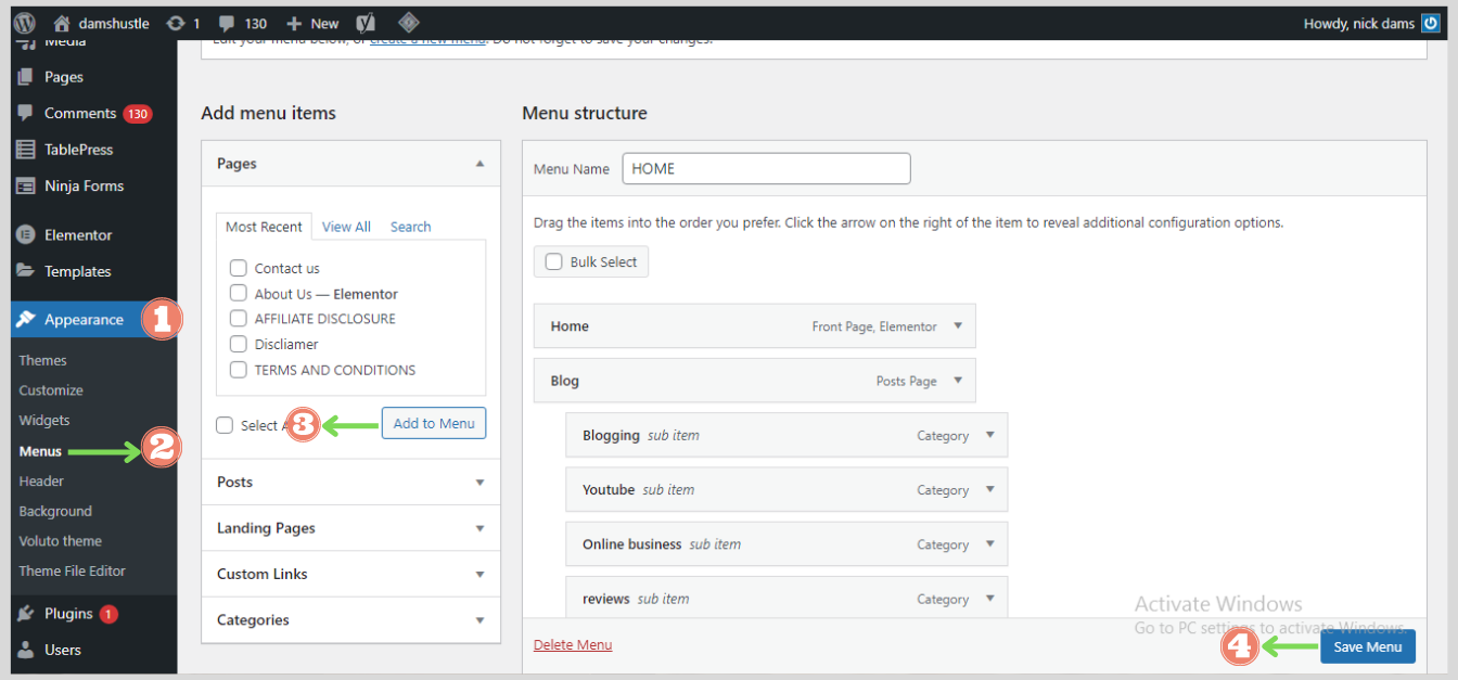 wordpress appearance menu