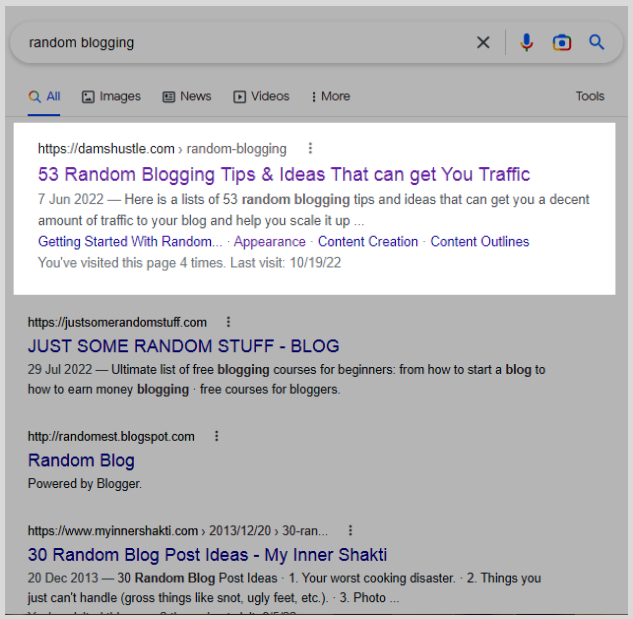 Damshustle blog ranking for keywords like random blogging