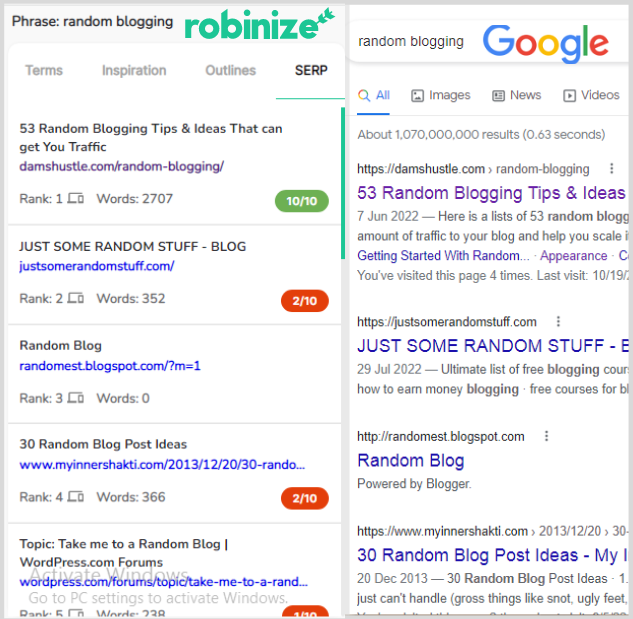 Robinize Google results