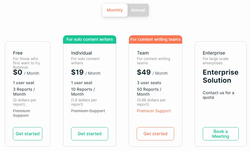 Robinize monthly pricing plans