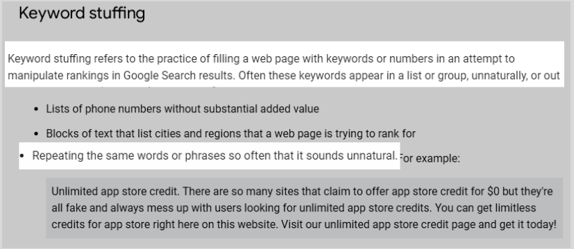 Googl warning about keyword stuffing