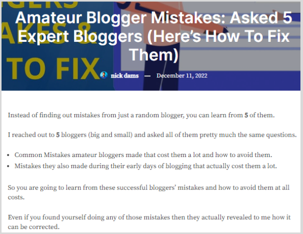 nick dams post on amatuer blogging mistakes