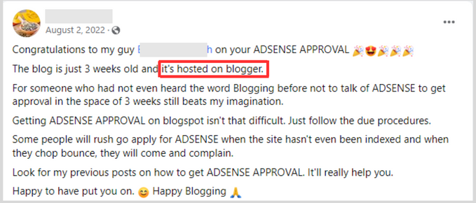 facebook post on adsense approval on a blogger or blog post domain