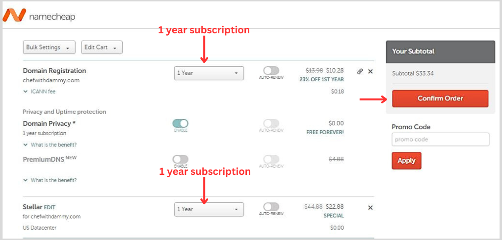 switch hosting subscription to 1 y