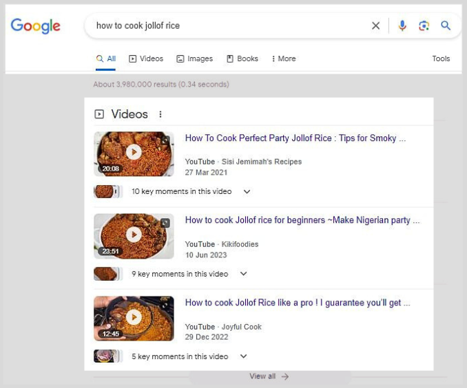 video search intent: How to cook jellof rice