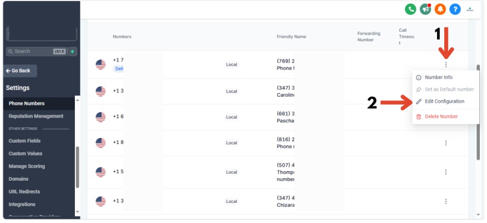 GHL edit phone numbers configuration